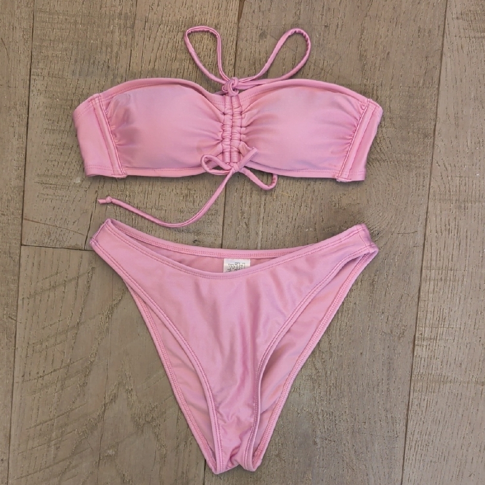 wild fable Pink Bikini Set Bandeau Top + High Waist Bathing Suit Bottoms Size S